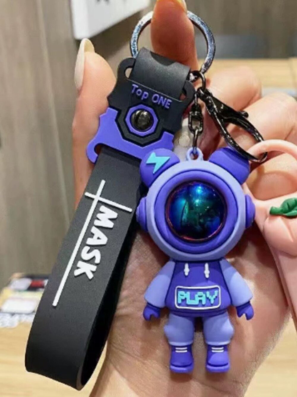 Purple Astronaut Figure Keychain Black Silicone Wrist Strap Bag Charm Pendant